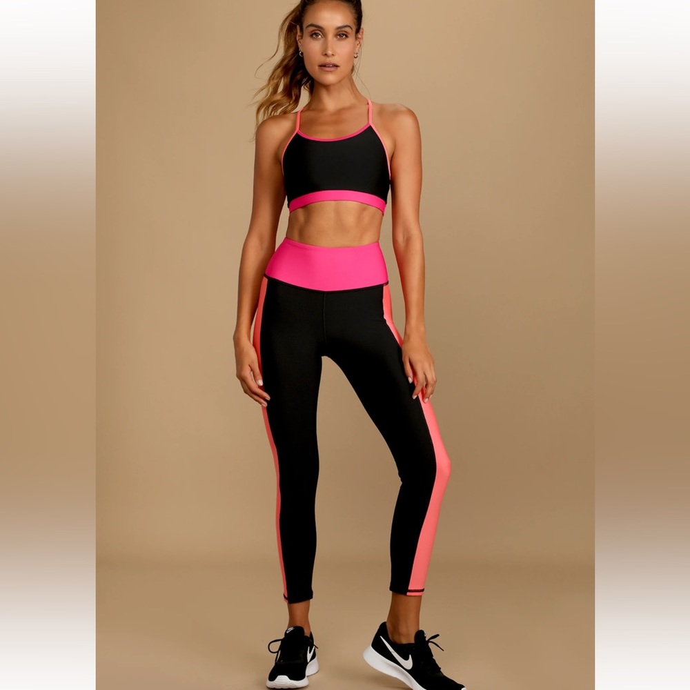 Lulus Goal-Oriented Black Color Block High Impact Leggings and sports bra small
